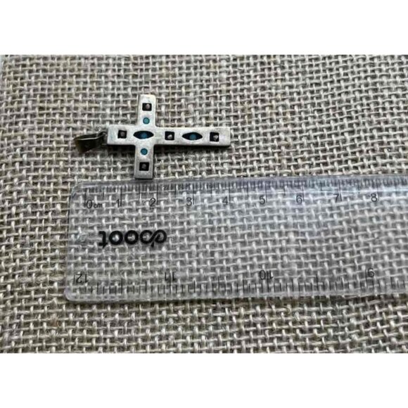 VTG Sterling Silver Cross Pendant Necklace Turquoise Onyx Inlays 7598 Mexico 18" - Picture 10 of 11